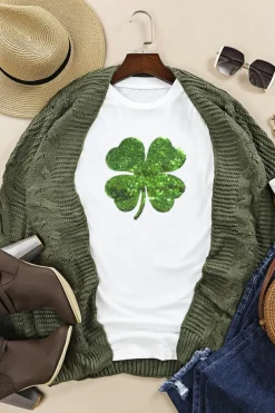 Online Dear-Lover Sequin Clover Patch Graphic St Patrick Fashion Tee White