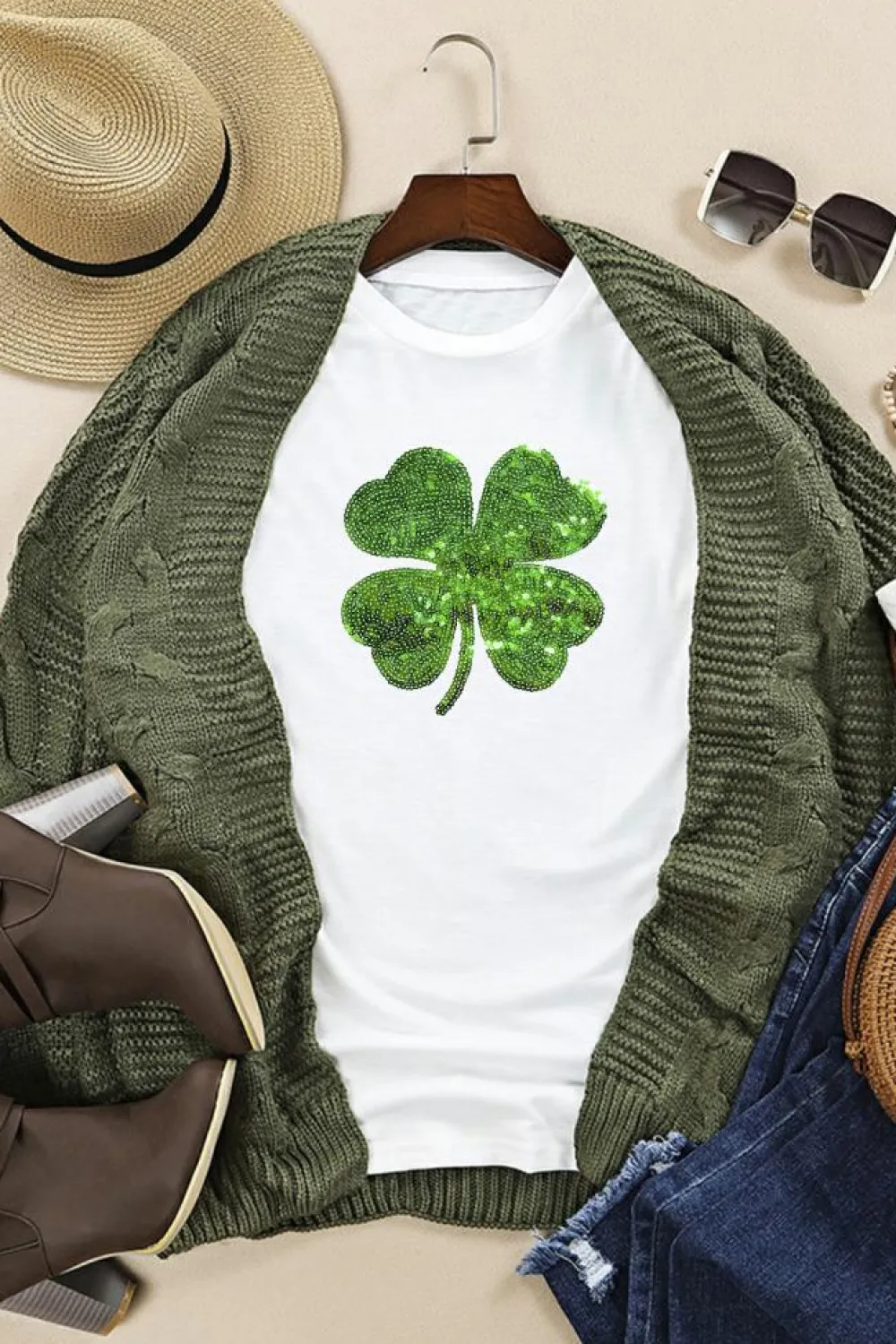 Online Dear-Lover Sequin Clover Patch Graphic St Patrick Fashion Tee White