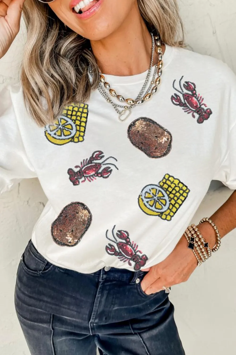 Discount Dear-Lover Sequin Crawfish Potato Lemon Corn Graphic Crewneck T Shirt White