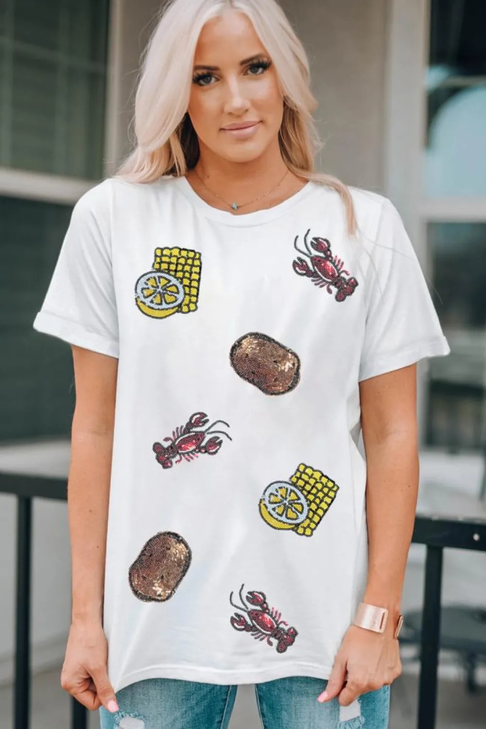 Discount Dear-Lover Sequin Crawfish Potato Lemon Corn Graphic Crewneck T Shirt White
