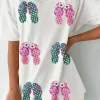 Discount Dear-Lover Sequin Flip Flops Graphic Tunic T Shirt White