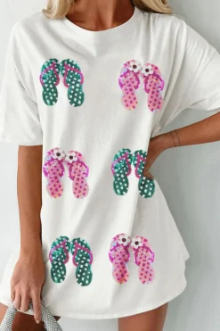 Discount Dear-Lover Sequin Flip Flops Graphic Tunic T Shirt White