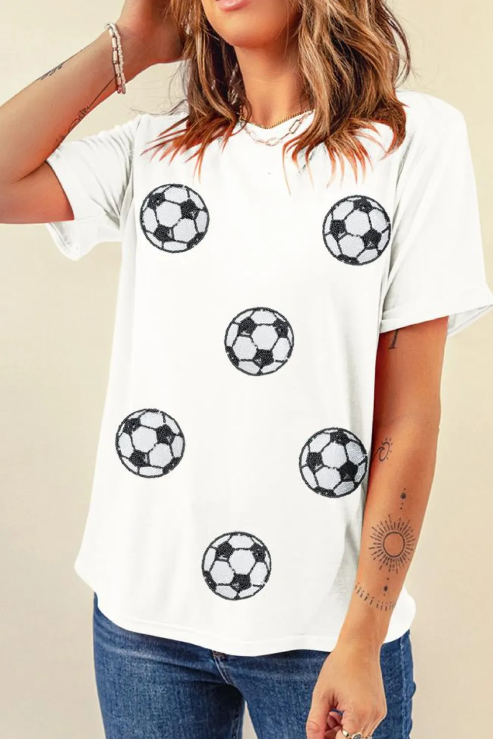 Outlet Dear-Lover Sequin Football Patched Graphic Game Day T Shirt White