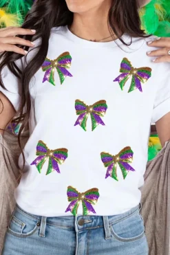 Outlet Dear-Lover Sequin Mardi Gras Bow Graphic Crewneck Tee White