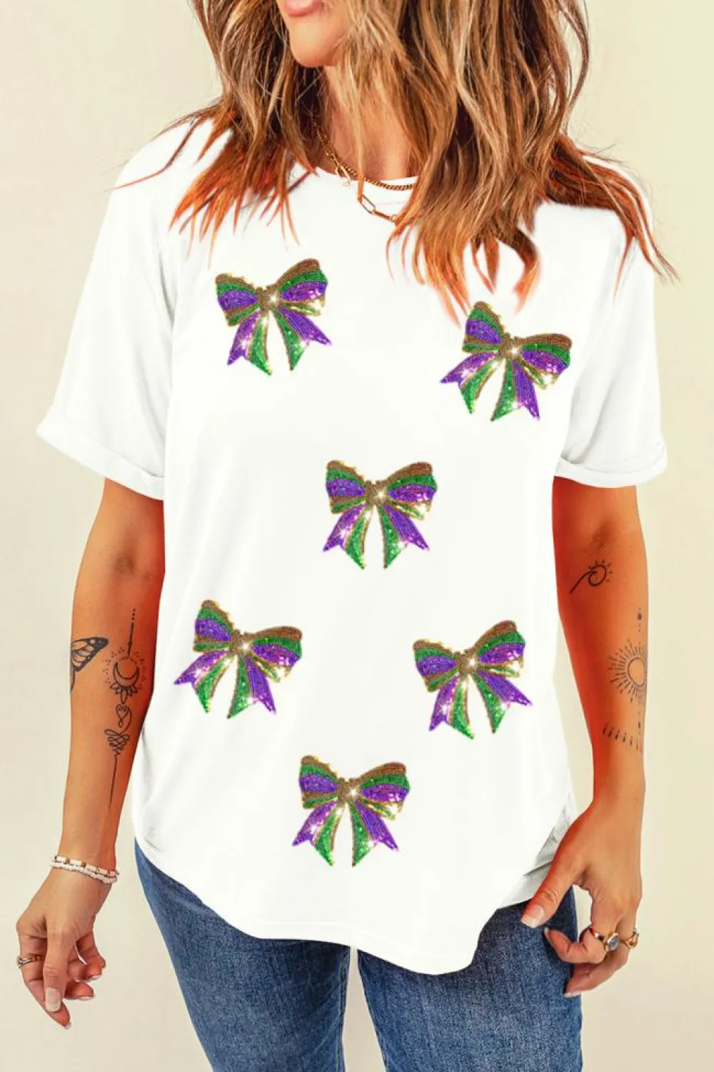 Outlet Dear-Lover Sequin Mardi Gras Bow Graphic Crewneck Tee White