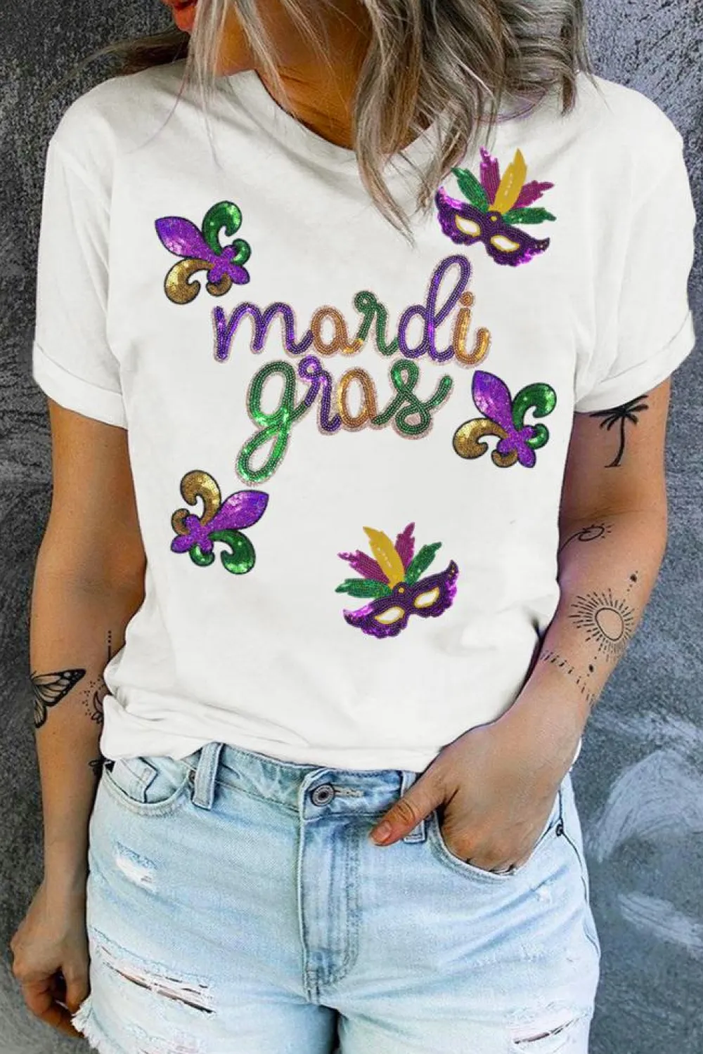 Clearance Dear-Lover Sequin Mardi Gras Pattern Graphic Crew Neck Tee White