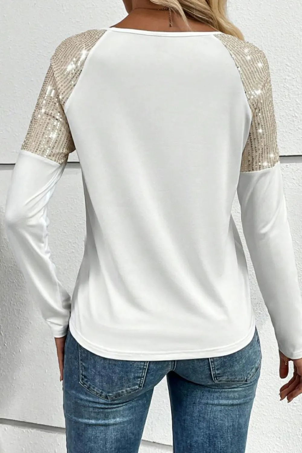 Hot Dear-Lover Sequin Patch Chest Pocket Raglan Sleeve Top White