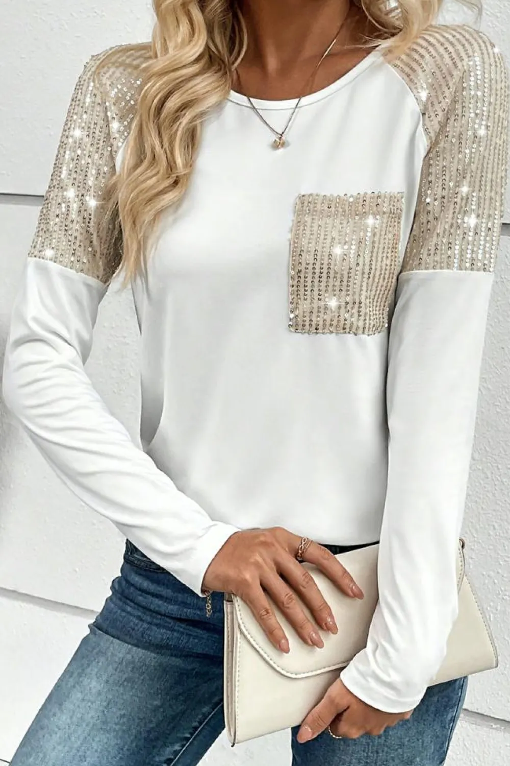 Hot Dear-Lover Sequin Patch Chest Pocket Raglan Sleeve Top White