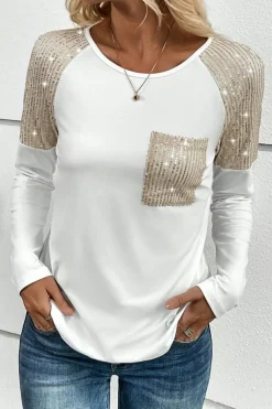 Hot Dear-Lover Sequin Patch Chest Pocket Raglan Sleeve Top White