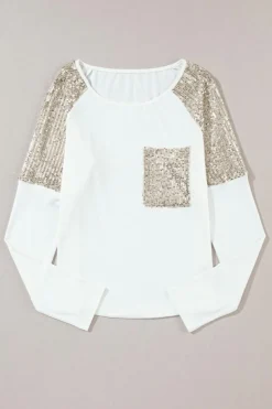 Hot Dear-Lover Sequin Patch Chest Pocket Raglan Sleeve Top White