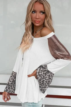 Sale Dear-Lover Sequin Patchwork Bell Sleeve V Neck Tunic Top White