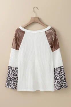 Sale Dear-Lover Sequin Patchwork Bell Sleeve V Neck Tunic Top White