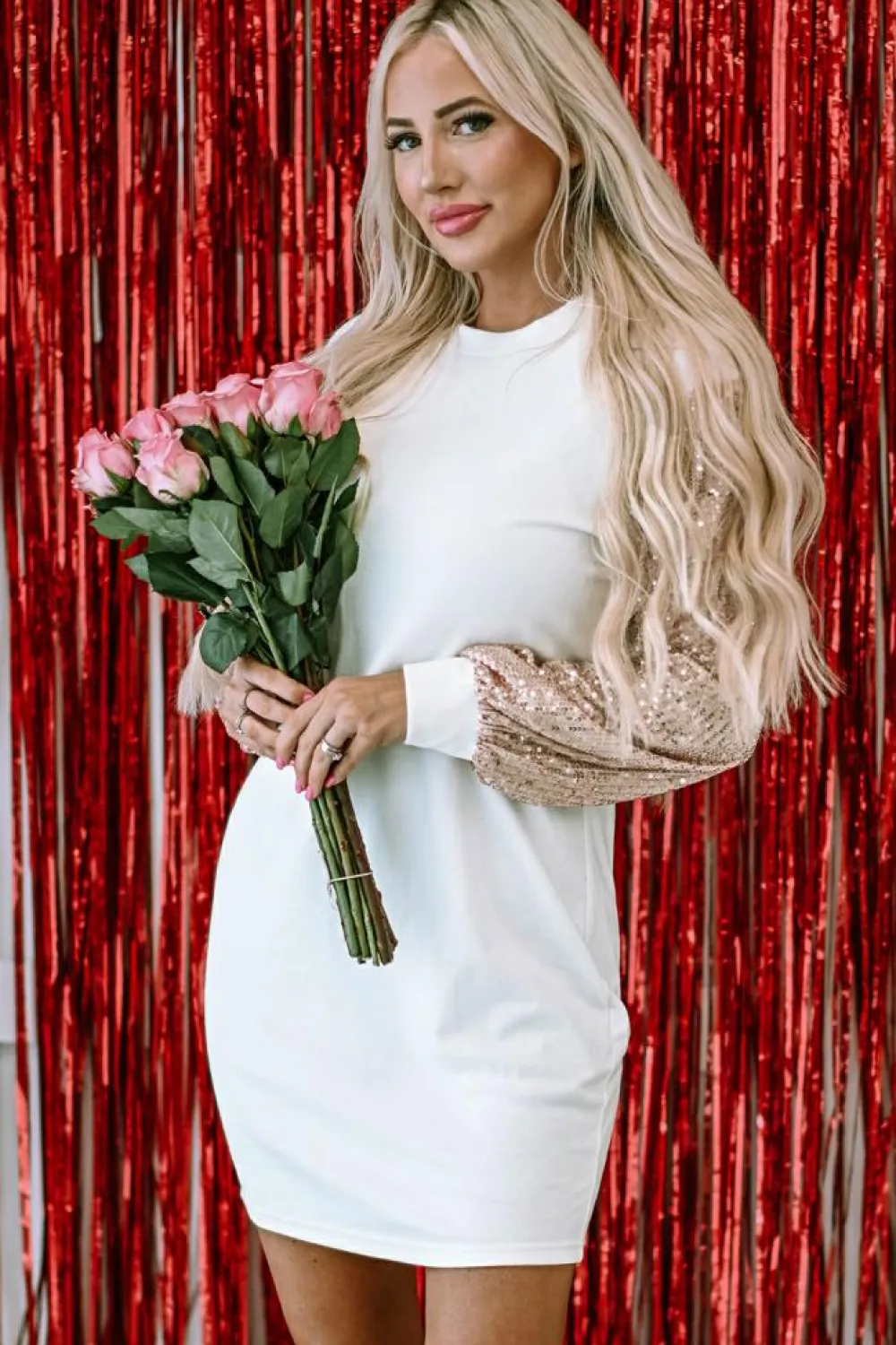 Discount Dear-Lover Sequin Puff Sleeve Shift Mini Dress White