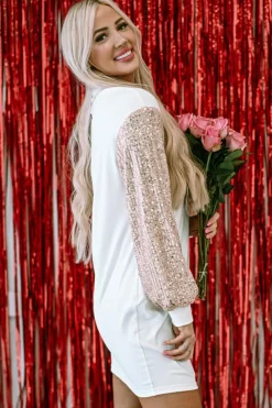 Discount Dear-Lover Sequin Puff Sleeve Shift Mini Dress White
