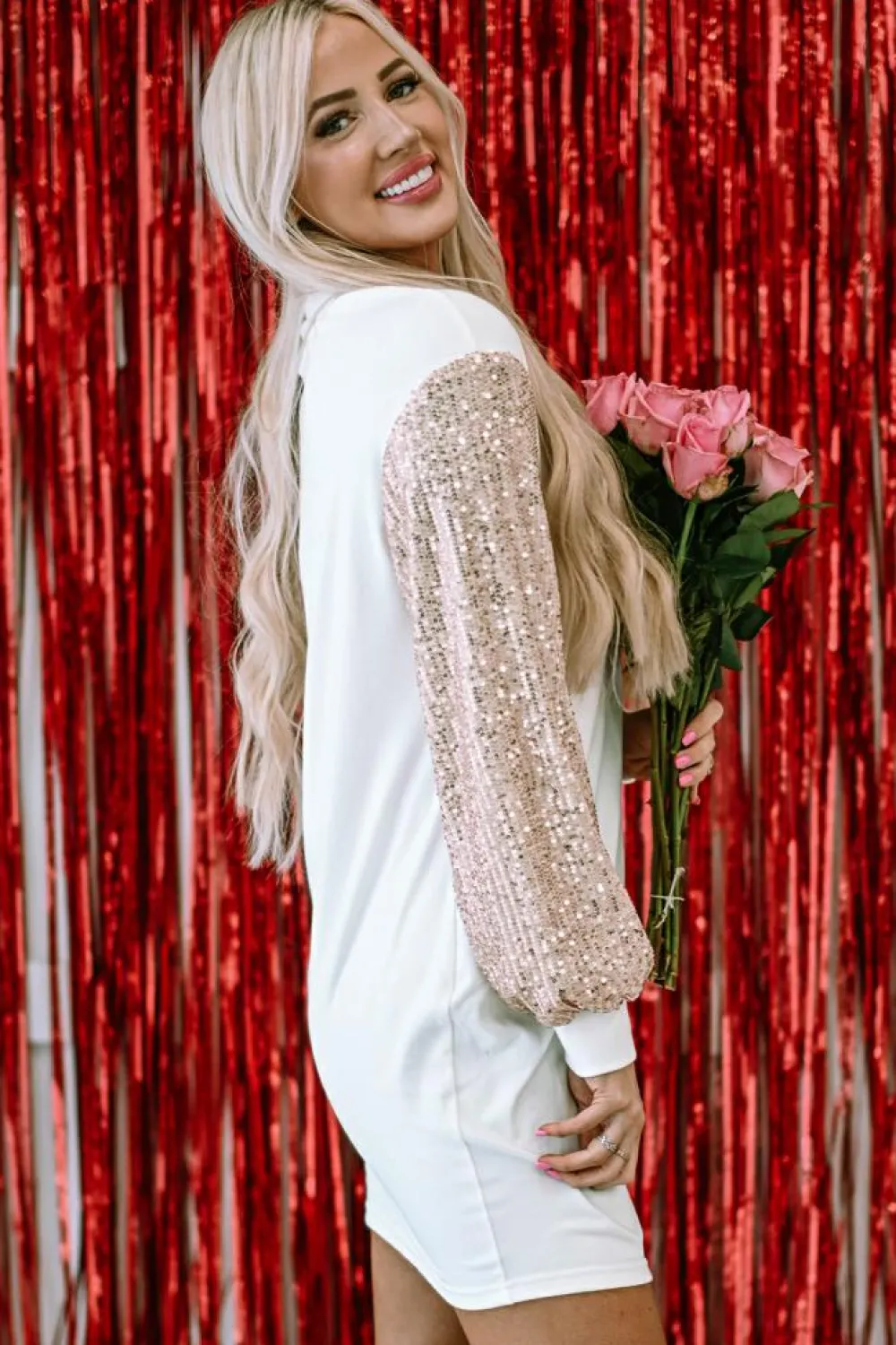 Discount Dear-Lover Sequin Puff Sleeve Shift Mini Dress White