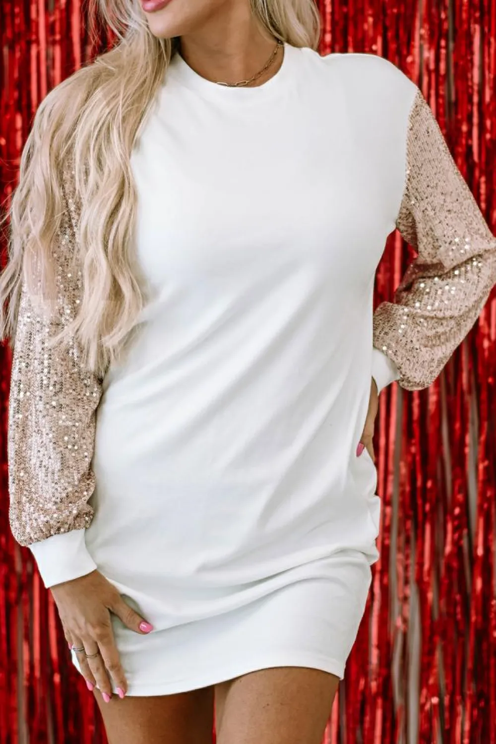 Discount Dear-Lover Sequin Puff Sleeve Shift Mini Dress White