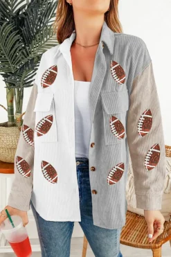 Online Dear-Lover Sequin Rugby Graphic Flap Pockets Corduroy Shacket White