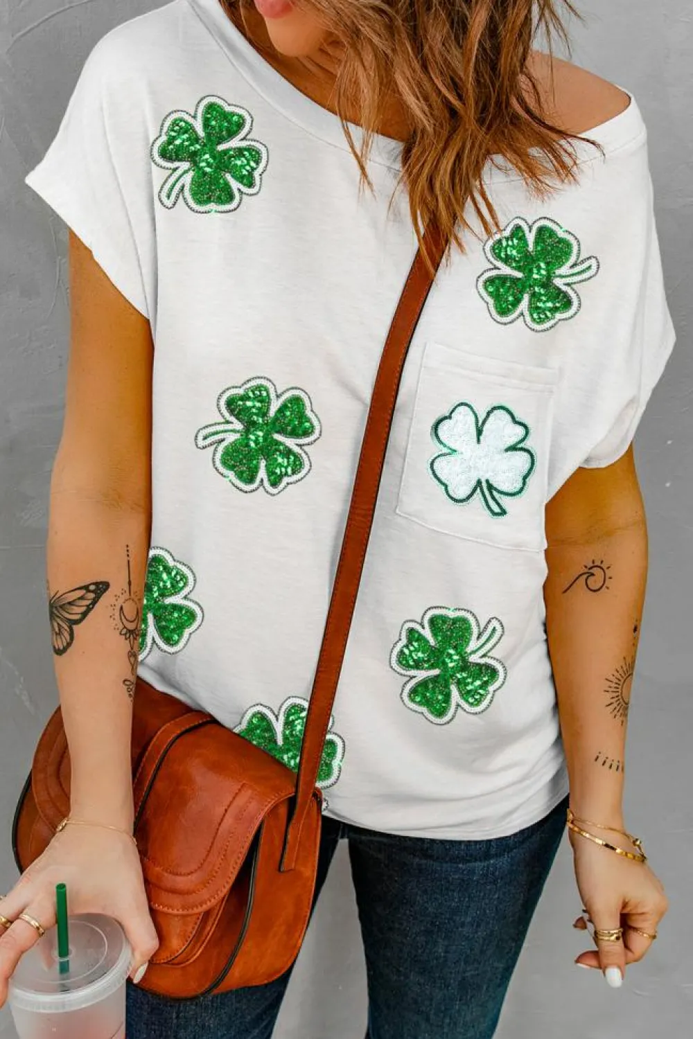 Hot Dear-Lover Sequin St Patrick Clover Patch Pocket Loose Tee white