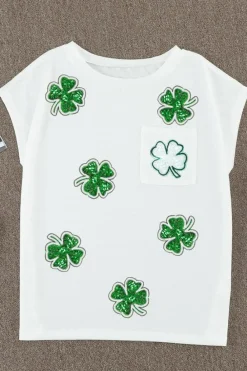 Hot Dear-Lover Sequin St Patrick Clover Patch Pocket Loose Tee white