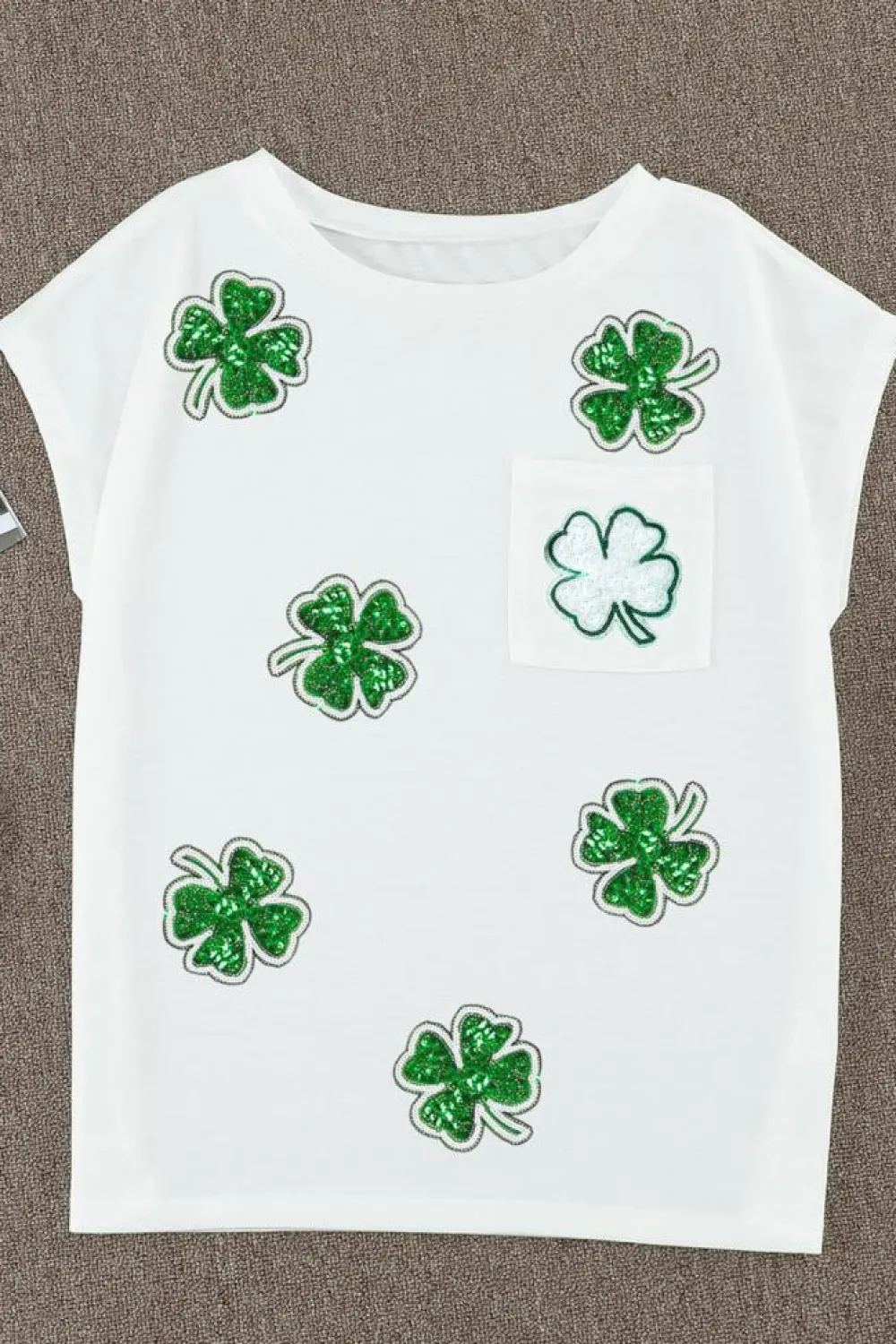 Hot Dear-Lover Sequin St Patrick Clover Patch Pocket Loose Tee white