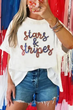 Sale Dear-Lover Sequin stars & stripes Graphic Drop Shoulder Loose T Shirt White
