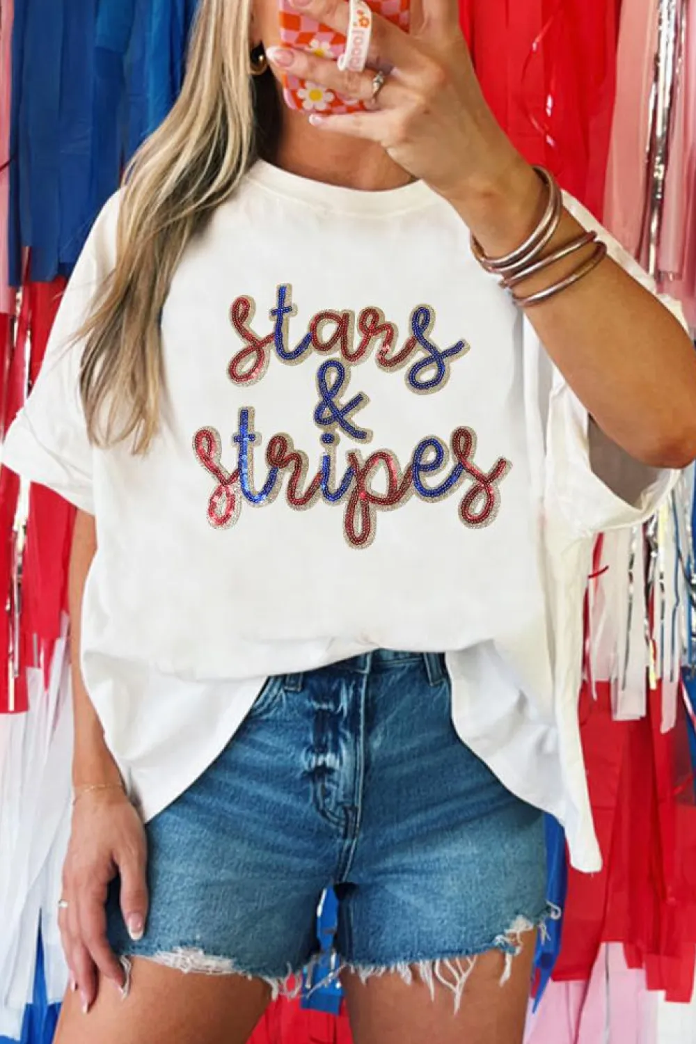 Sale Dear-Lover Sequin stars & stripes Graphic Drop Shoulder Loose T Shirt White