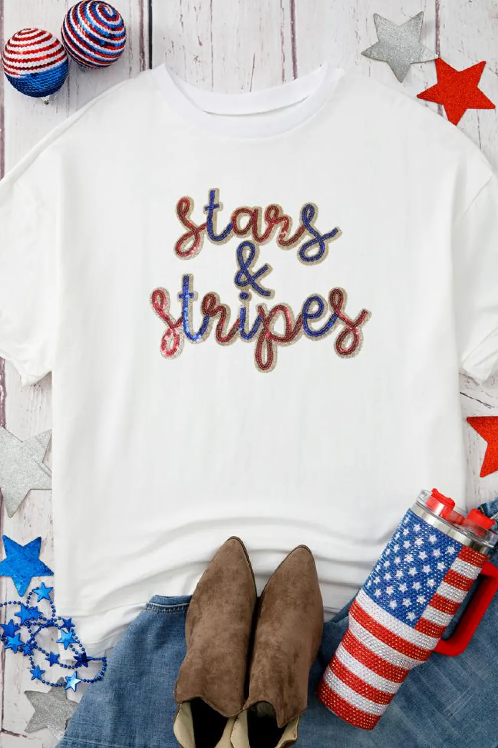 Sale Dear-Lover Sequin stars & stripes Graphic Drop Shoulder Loose T Shirt White
