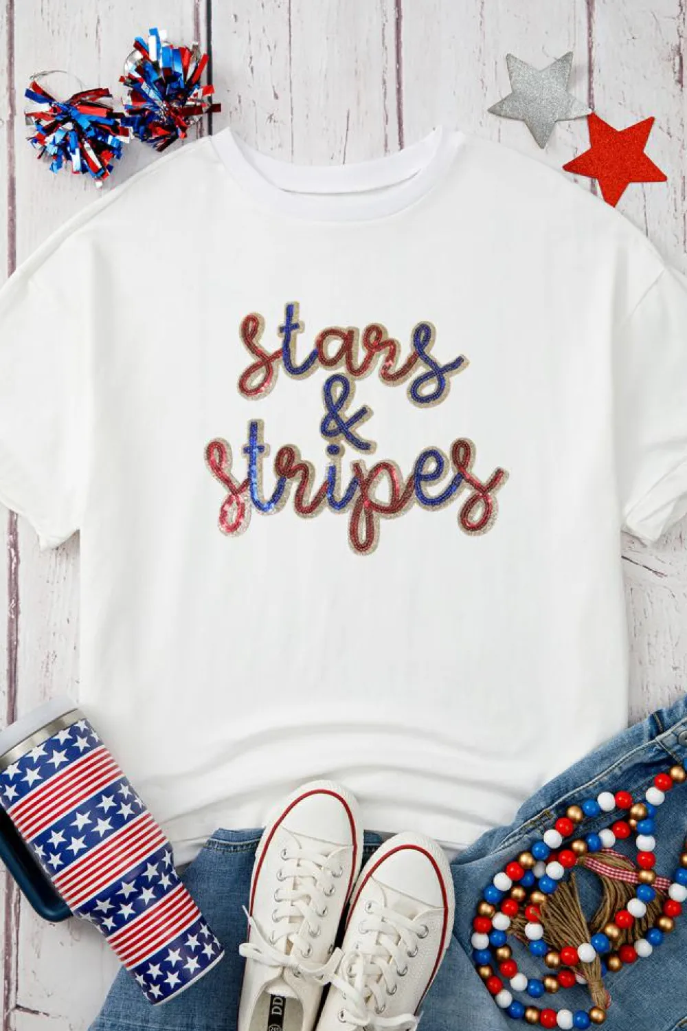 Sale Dear-Lover Sequin stars & stripes Graphic Drop Shoulder Loose T Shirt White