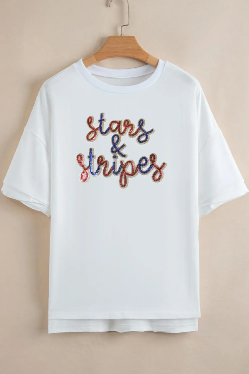 Sale Dear-Lover Sequin stars & stripes Graphic Drop Shoulder Loose T Shirt White
