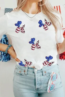 Clearance Dear-Lover Sequin Stars and Stripes Balloon Puppy Graphic Crewneck Tee White