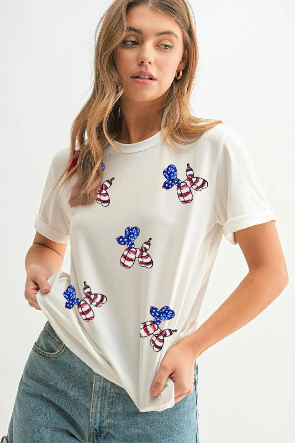 Clearance Dear-Lover Sequin Stars and Stripes Balloon Puppy Graphic Crewneck Tee White