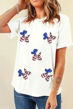 Clearance Dear-Lover Sequin Stars and Stripes Balloon Puppy Graphic Crewneck Tee White