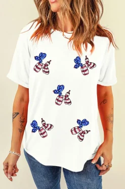 Clearance Dear-Lover Sequin Stars and Stripes Balloon Puppy Graphic Crewneck Tee White