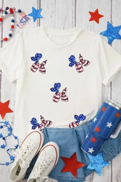 Clearance Dear-Lover Sequin Stars and Stripes Balloon Puppy Graphic Crewneck Tee White