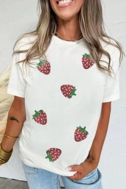 Best Dear-Lover Sequin Strawberry Patched Crew Neck T Shirt White