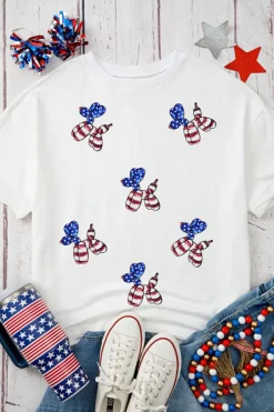 Online Dear-Lover Sequin USA Flag Balloon Puppy Graphic Drop Shoulder High Low Tee White