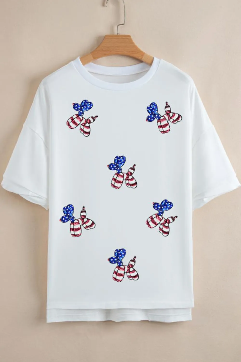 Online Dear-Lover Sequin USA Flag Balloon Puppy Graphic Drop Shoulder High Low Tee White