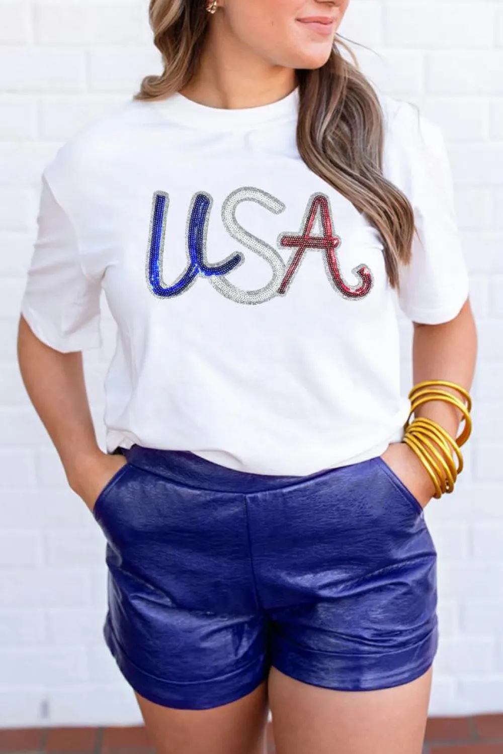 Sale Dear-Lover Sequin USA Graphic Crew Neck Patriotic Tee White