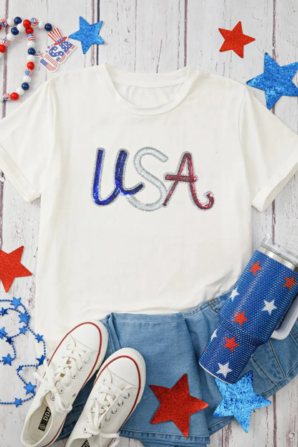 Sale Dear-Lover Sequin USA Graphic Crew Neck Patriotic Tee White