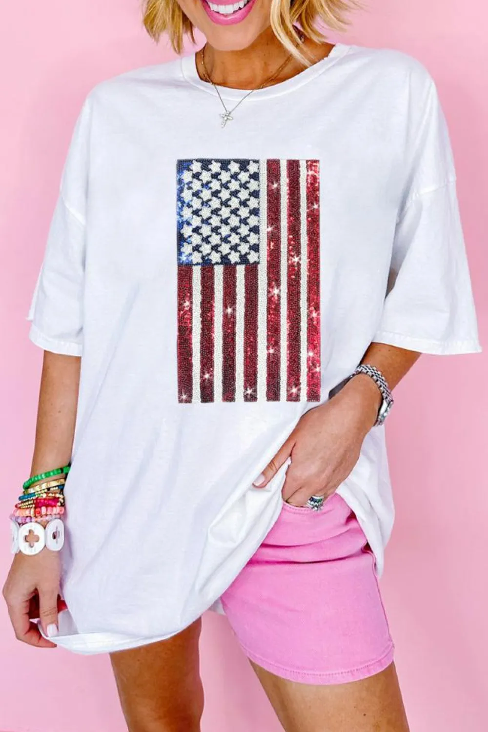 Discount Dear-Lover Sequined American Flag Crewneck Oversized Tee White