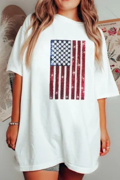 Discount Dear-Lover Sequined American Flag Crewneck Oversized Tee White
