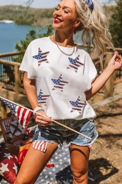 Discount Dear-Lover Sequined American Flag Star Graphic T Shirt White