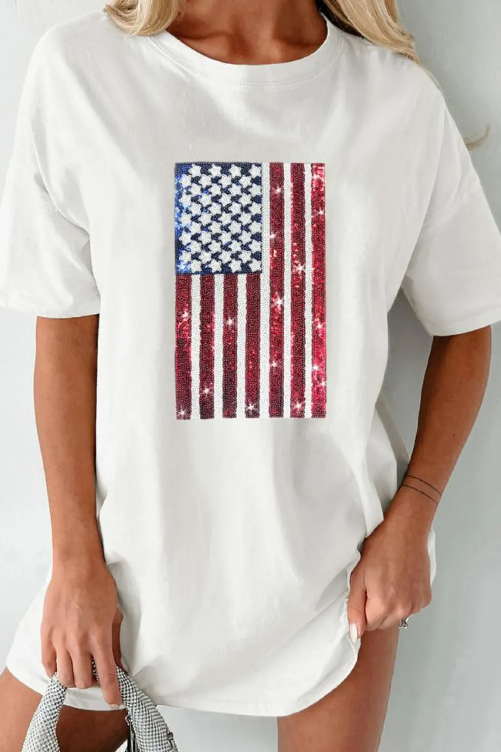 Discount Dear-Lover Sequined American Flag Crewneck Oversized Tee White