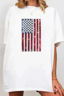 Discount Dear-Lover Sequined American Flag Crewneck Oversized Tee White
