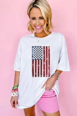 Discount Dear-Lover Sequined American Flag Crewneck Oversized Tee White