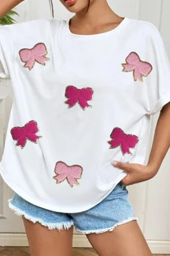 Hot Dear-Lover Sequined Bow Patched Short Sleeve Top White
