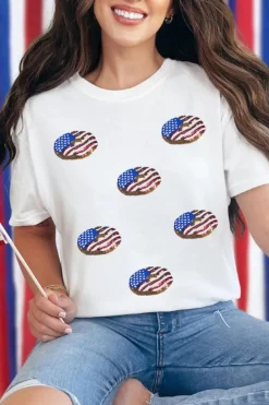 Sale Dear-Lover Sequined Flag Pattern Donuts Graphic T Shirt White