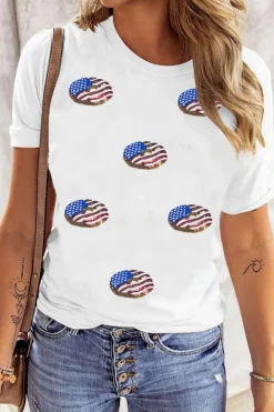 Sale Dear-Lover Sequined Flag Pattern Donuts Graphic T Shirt White