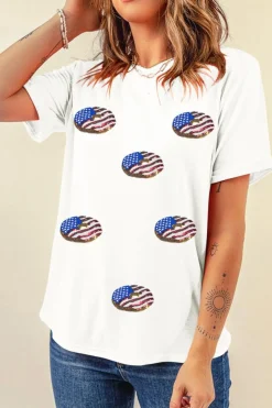 Sale Dear-Lover Sequined Flag Pattern Donuts Graphic T Shirt White