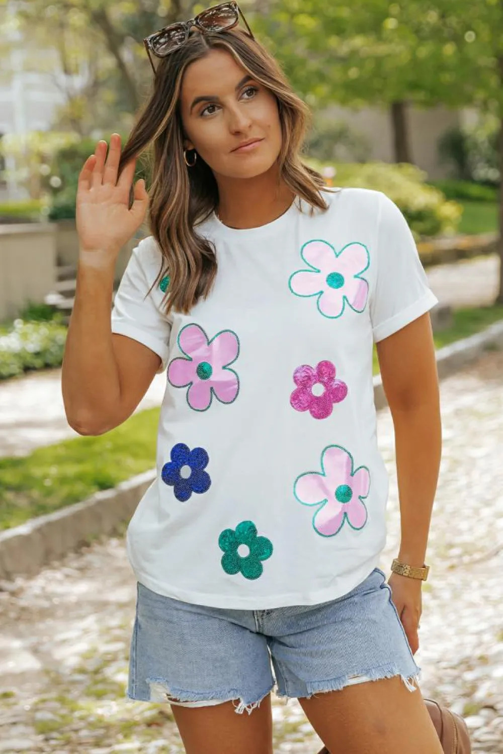 Sale Dear-Lover Sequined Flower Pattern Round Neck T Shirt White